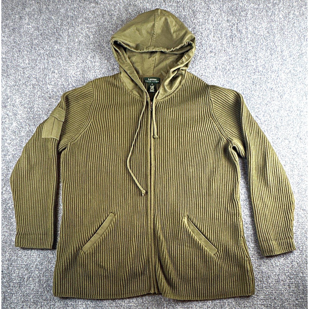 Lauren Ralph Lauren Olive Green Ribbed Knit Zip Up Hoodie Jacket Plus Size 1X